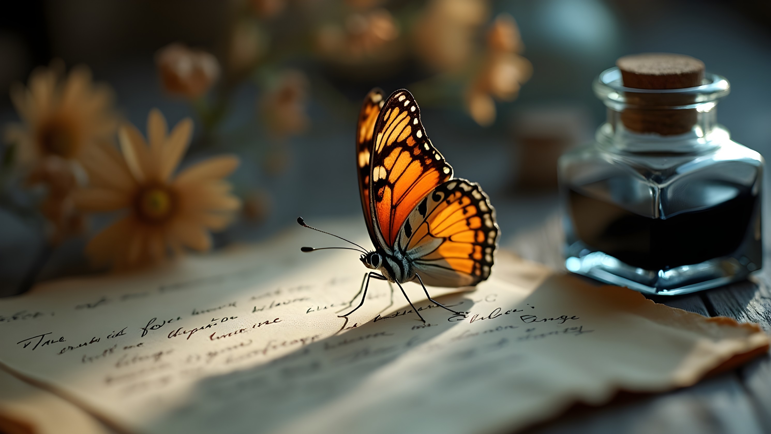 Butterfly on Parchment with Ink Bottle and Flowers