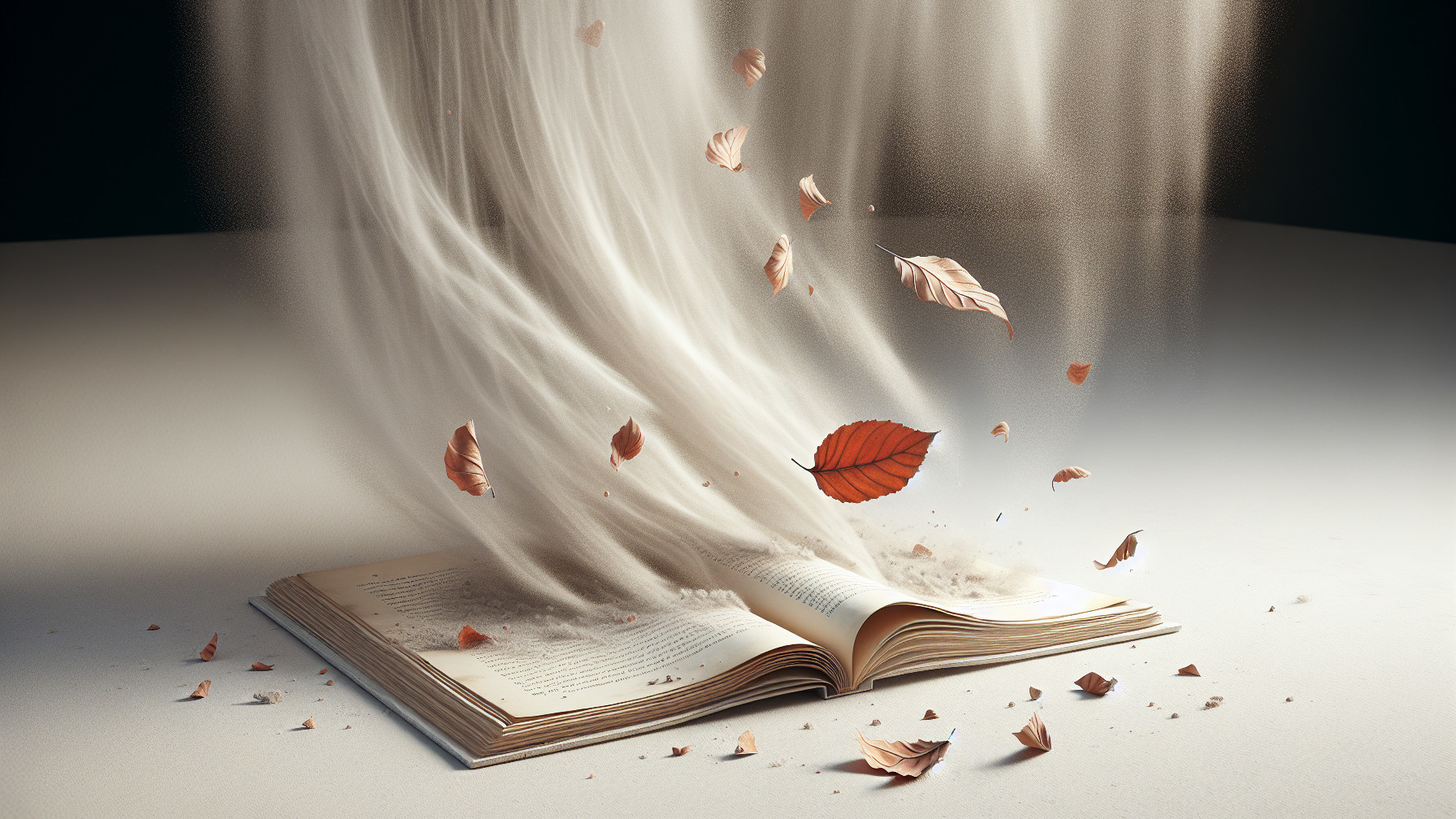 Open Book Surrounded by Dust and Autumn Leaves