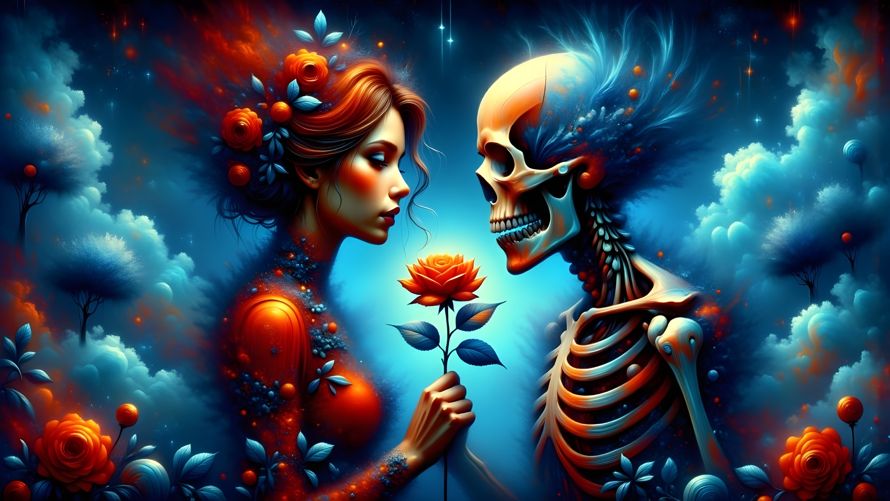 Surreal Scene of Woman and Skeleton Representing Life and Death