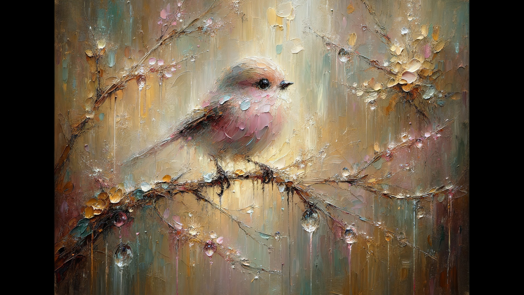 Impressionistic Painting of Bird on Flowering Branch