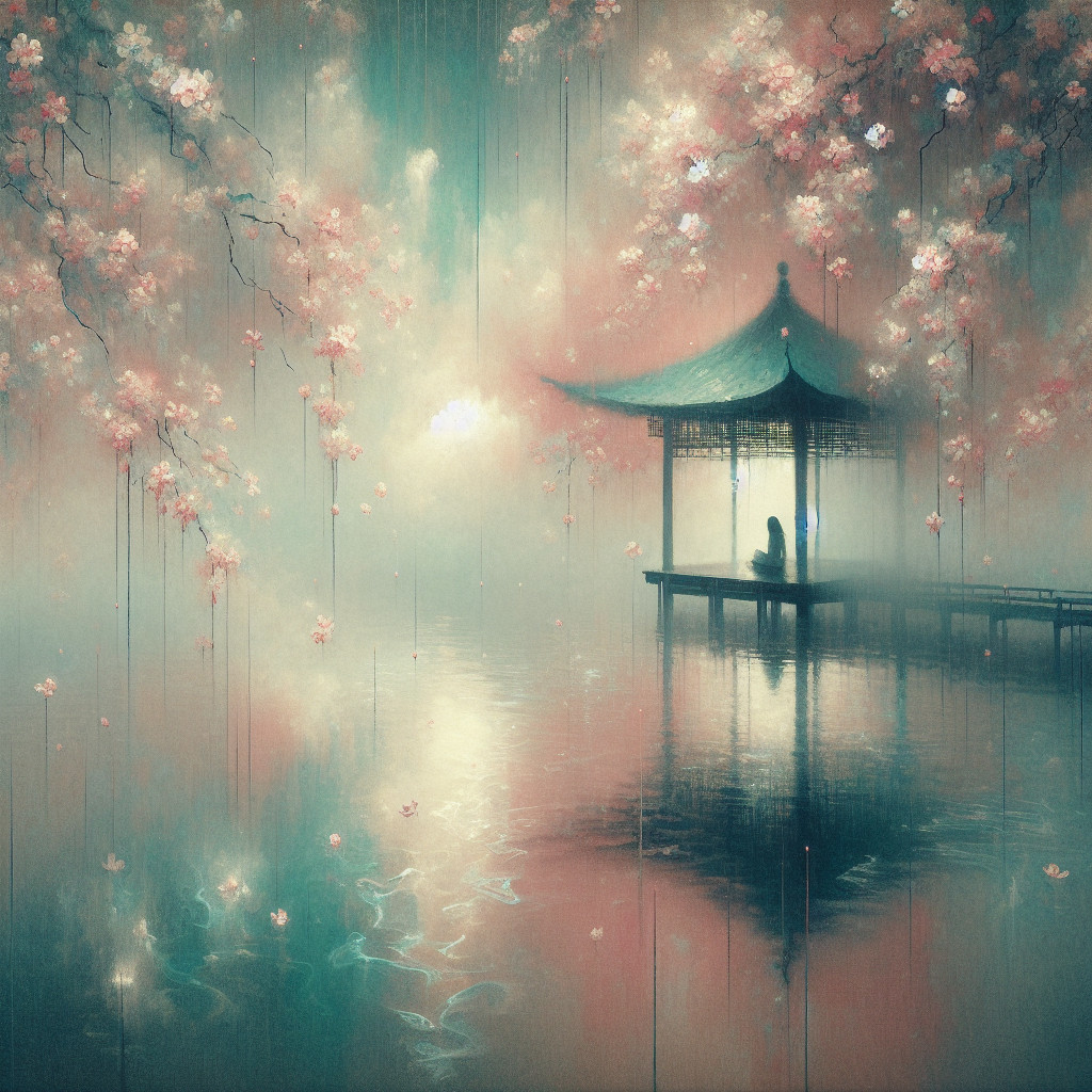 Tranquil Pagoda by Misty Lake with Cherry Blossoms