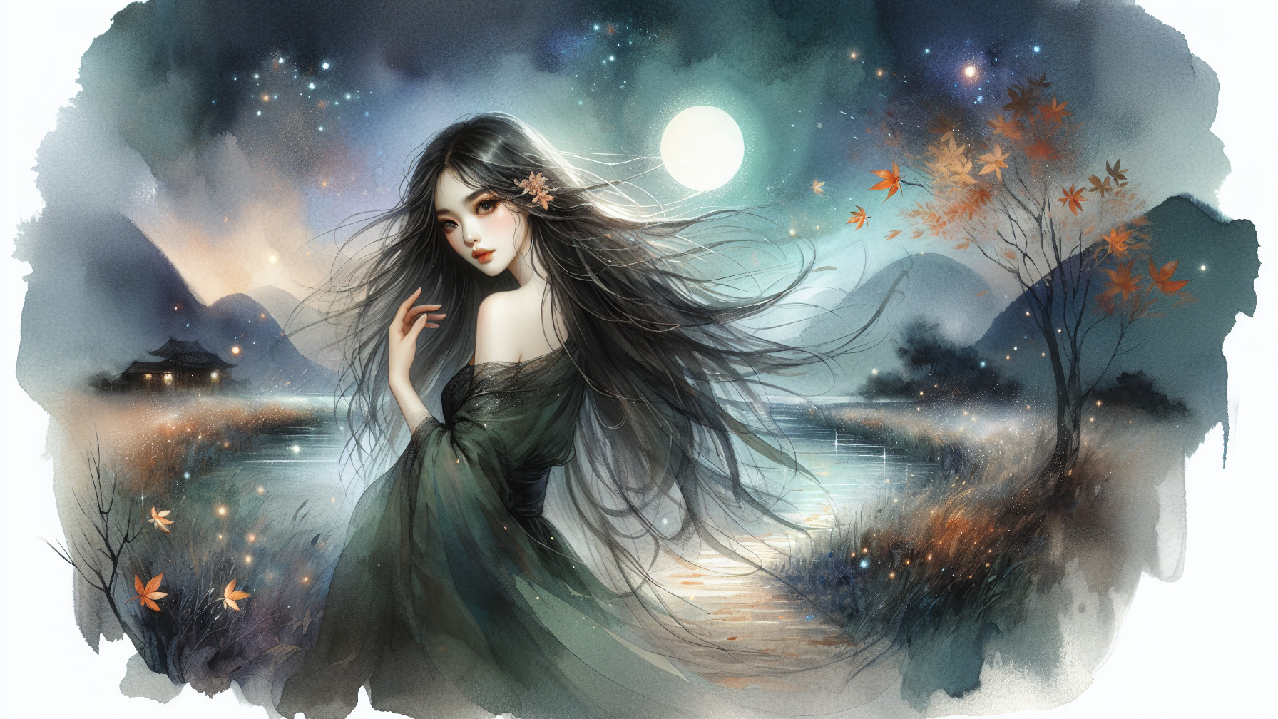 Serene scene of a woman by a tranquil river at night