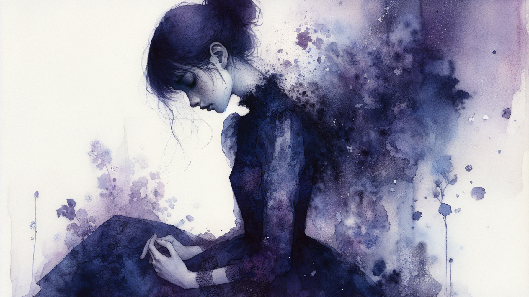 Melancholic Girl in Elegant Dress with Ethereal Background