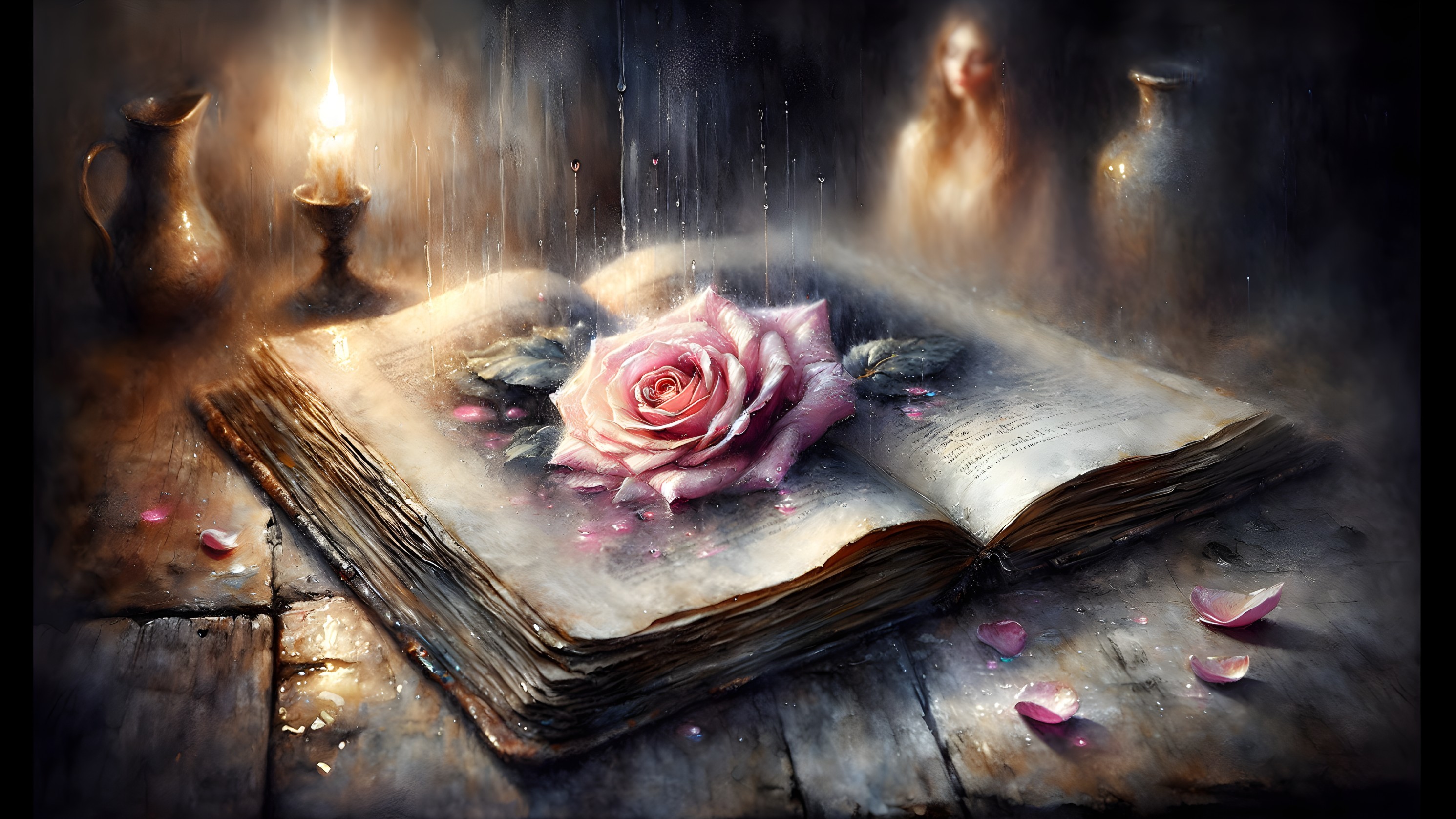 Mystical Scene with Book, Rose, and Candlelight