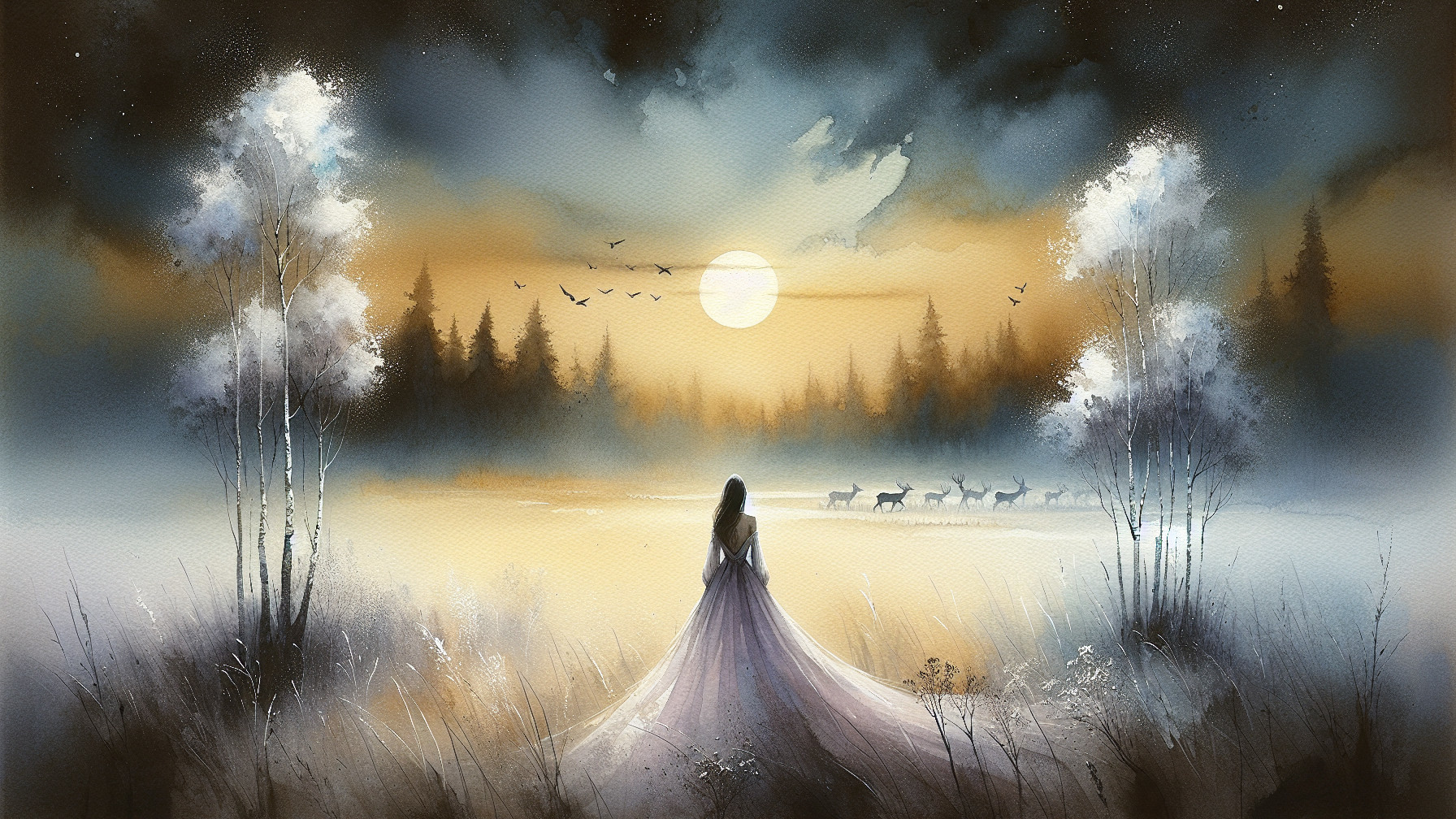 Serene Dusk Landscape with Moonlit Water and Deer