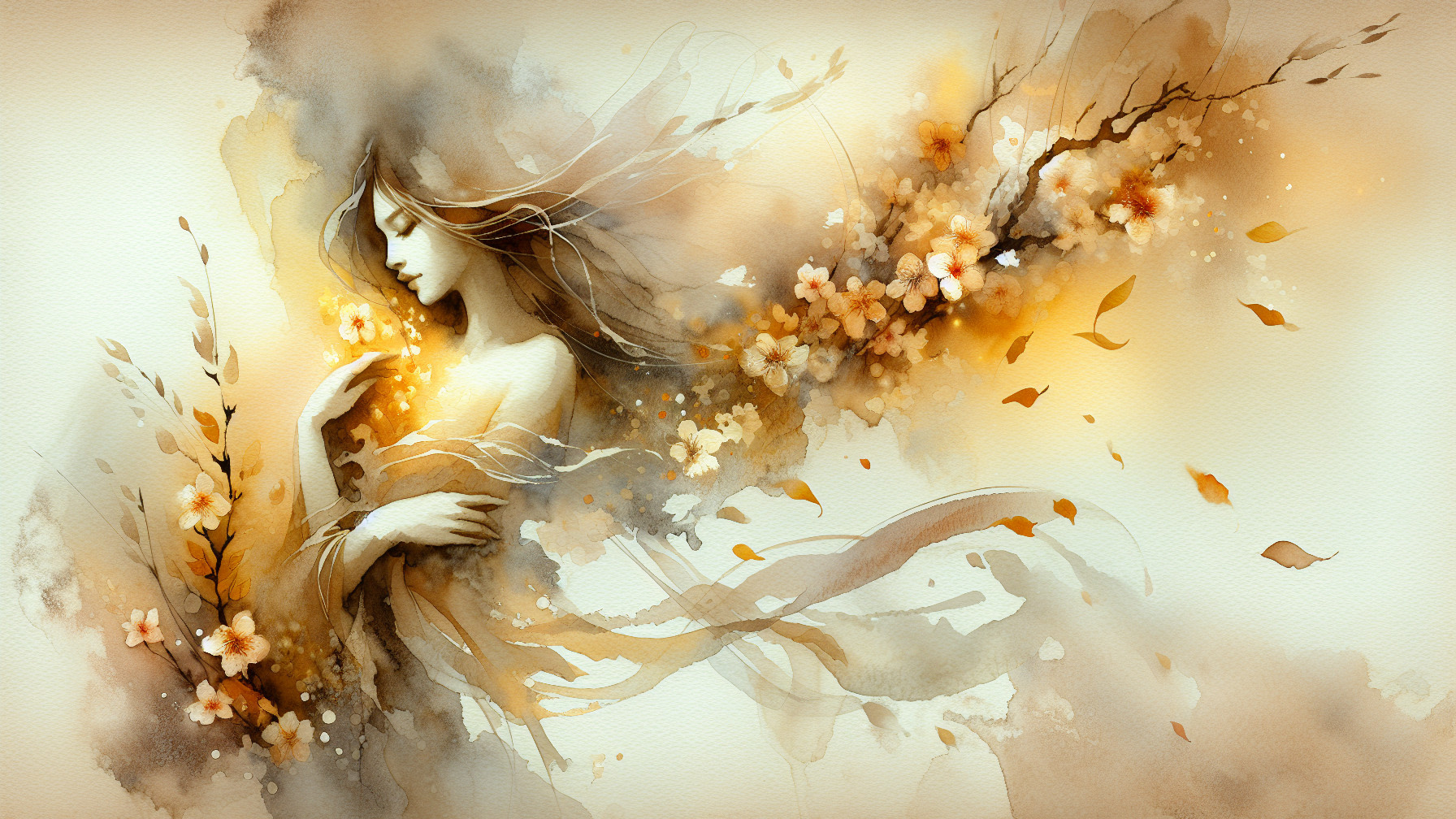 Serene Woman Surrounded by Autumn Leaves and Blossoms