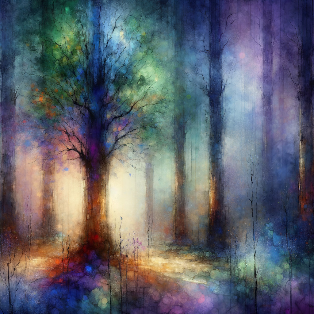 Vibrant Mystical Forest Scene with Glowing Tree