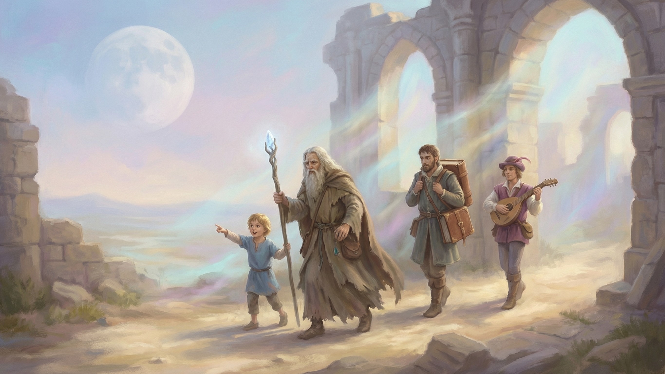 Adventurous Party Exploring Ancient Ruins at Twilight