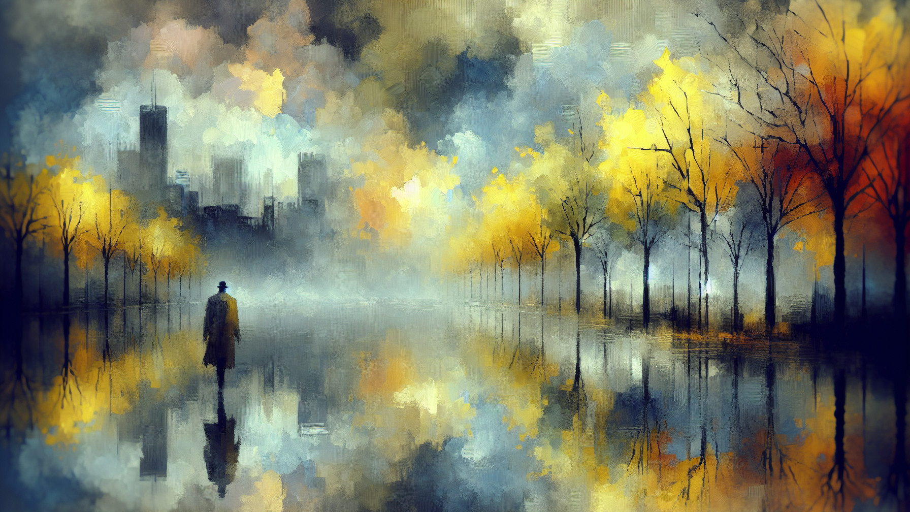 Misty Landscape with Reflective Water and Autumn Trees