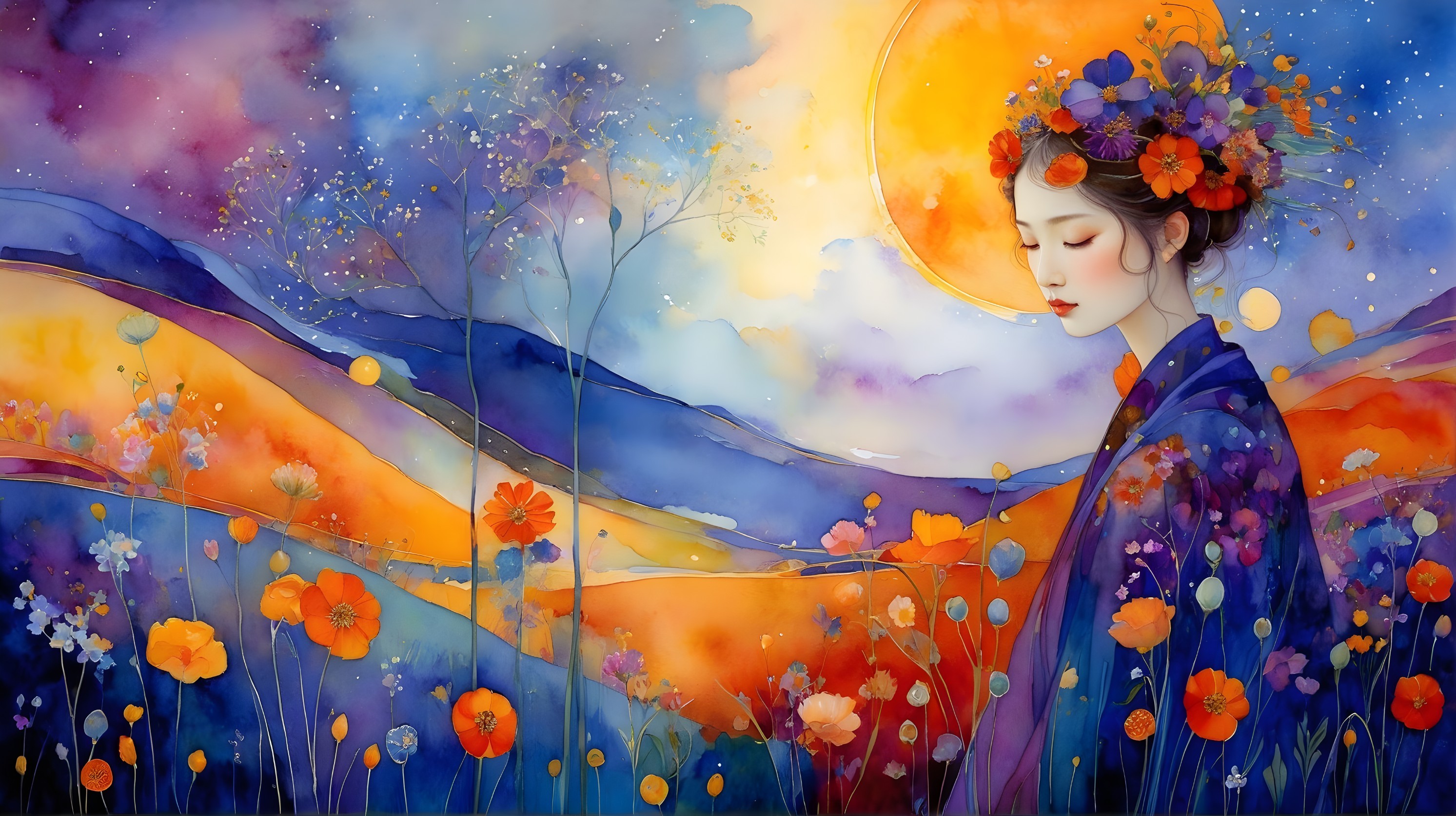 Watercolor Painting of Woman in Floral Crown at Sunset