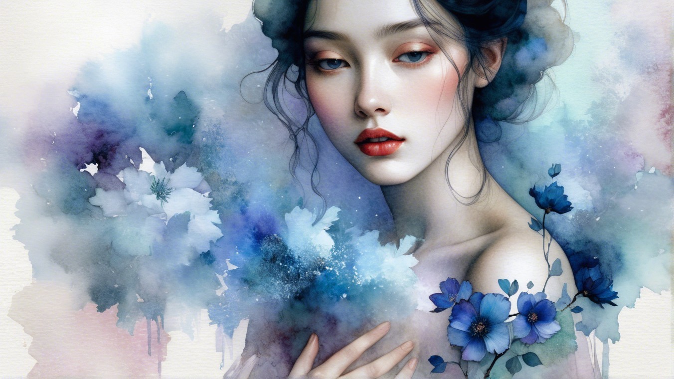 Ethereal Woman Surrounded by Watercolor Florals