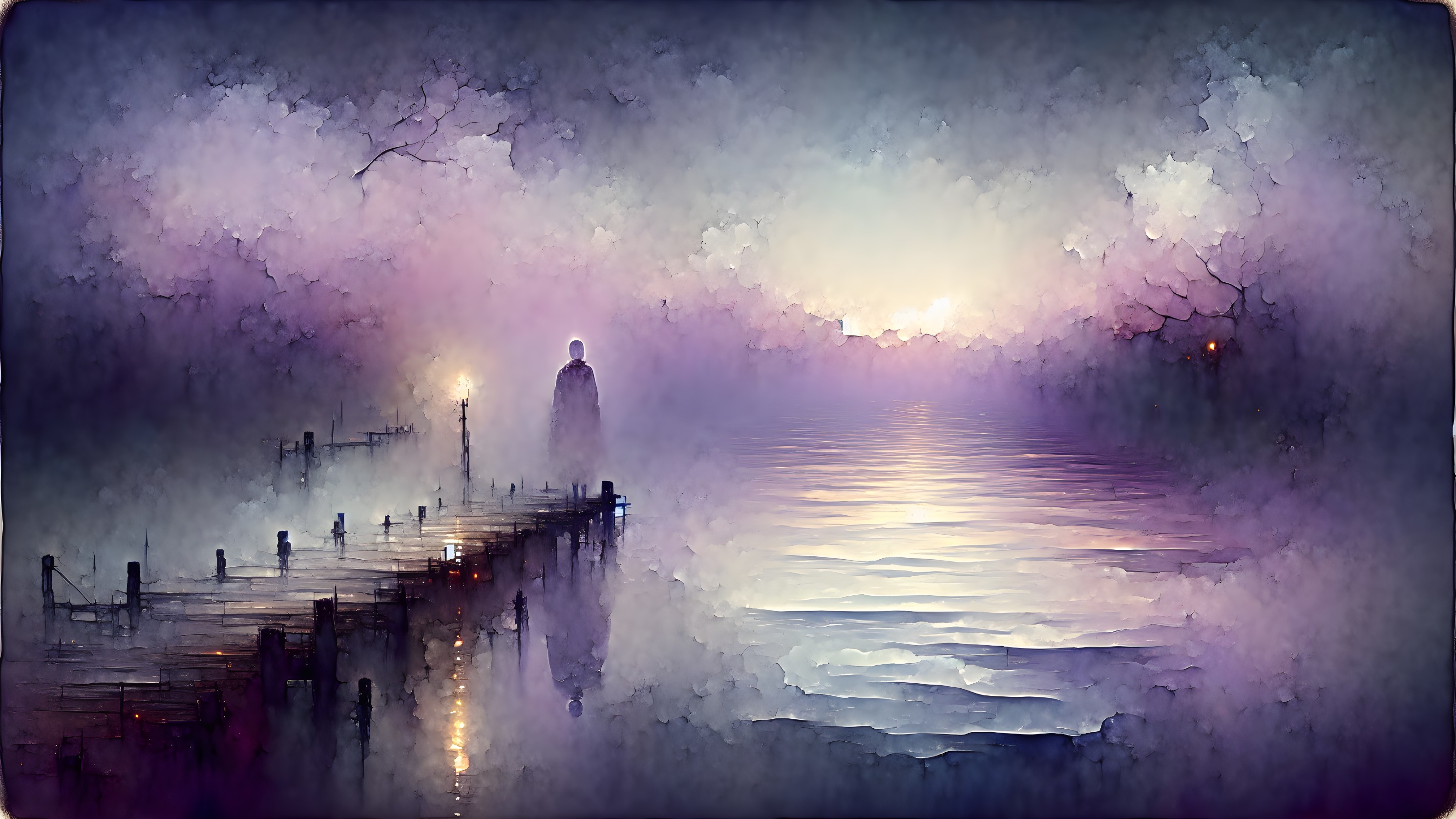 Serene Waterfront Scene with Pastel Colors and Fog