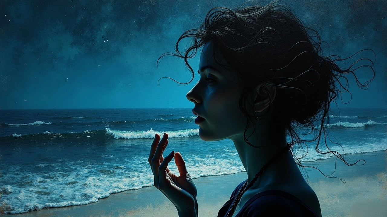 Silhouetted Woman on Moonlit Beach at Night