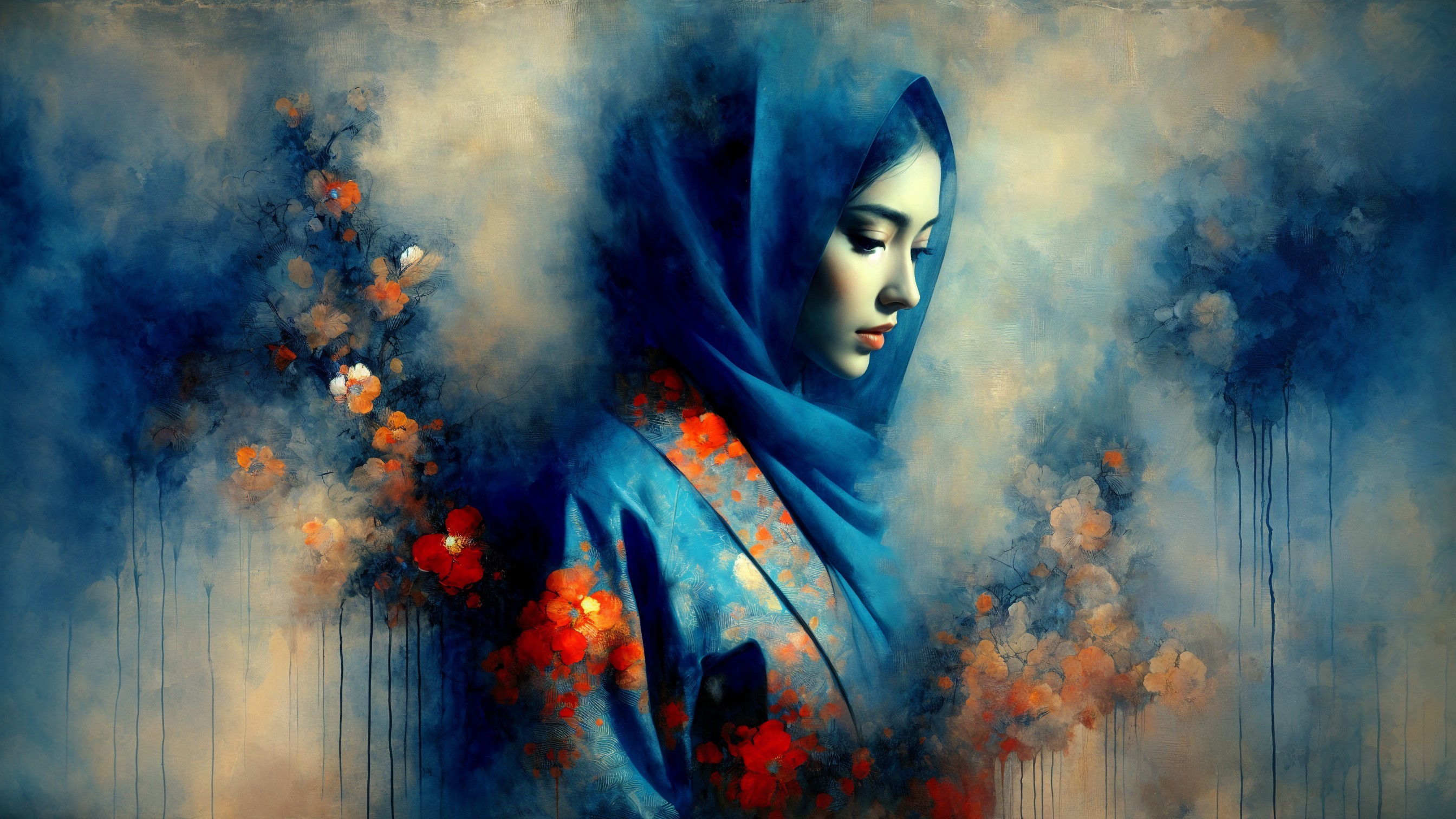 Serene Woman in Blue Hijab with Abstract Blooms