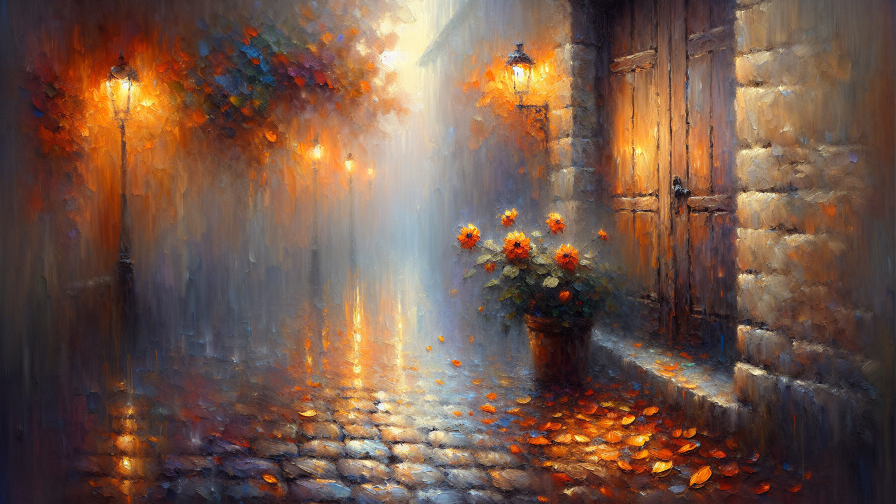 Misty Alleyway Scene with Warm Light and Flowers