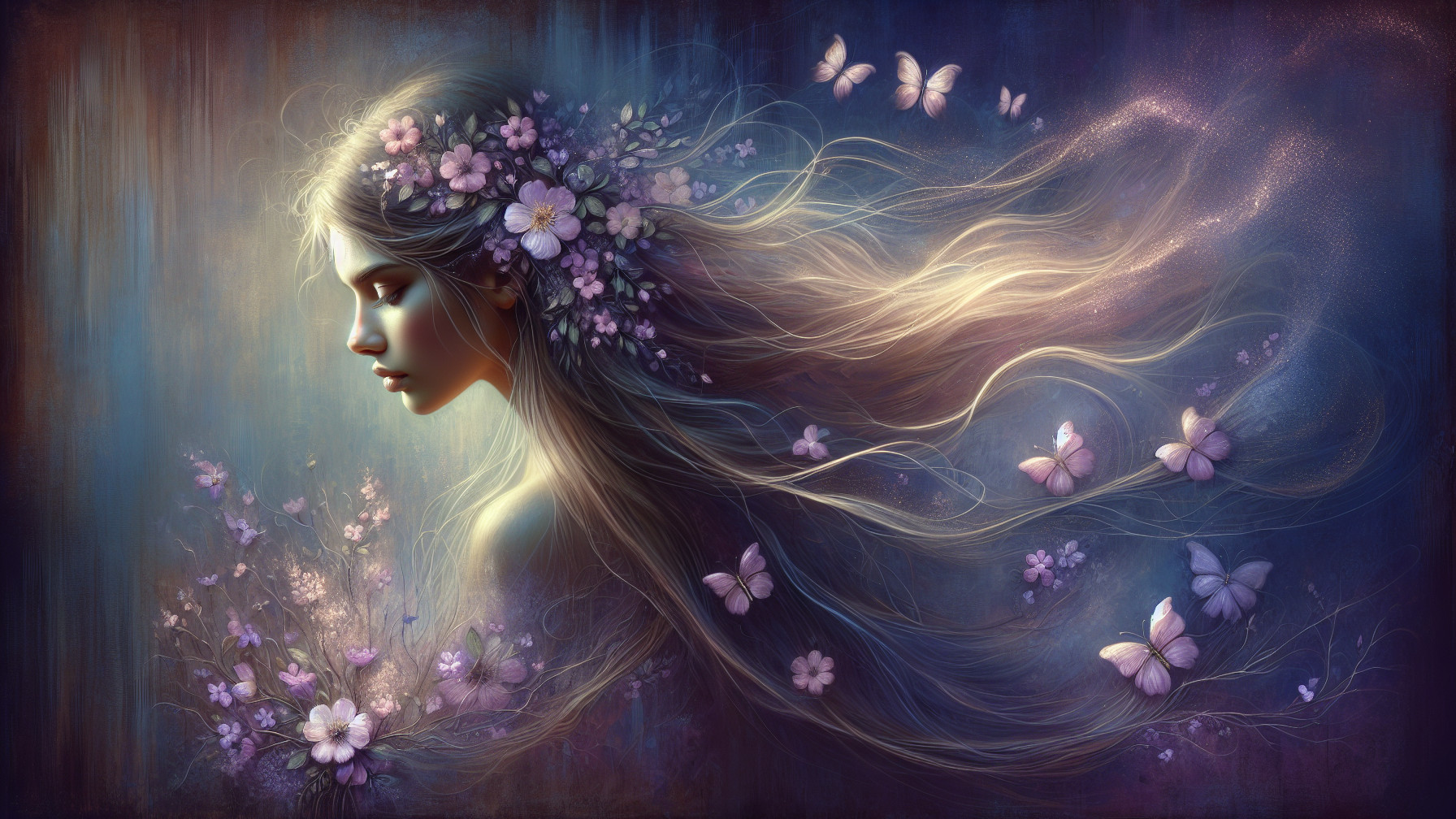 Whimsical Portrait of a Young Woman with Nature Elements