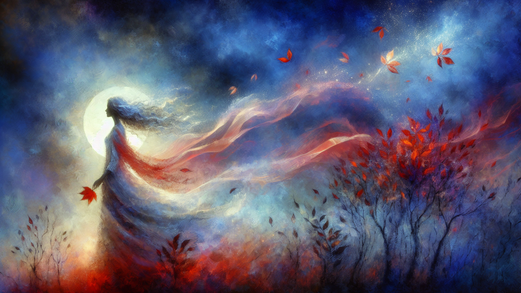 Ethereal Figure in Dreamlike Landscape with Moonlight