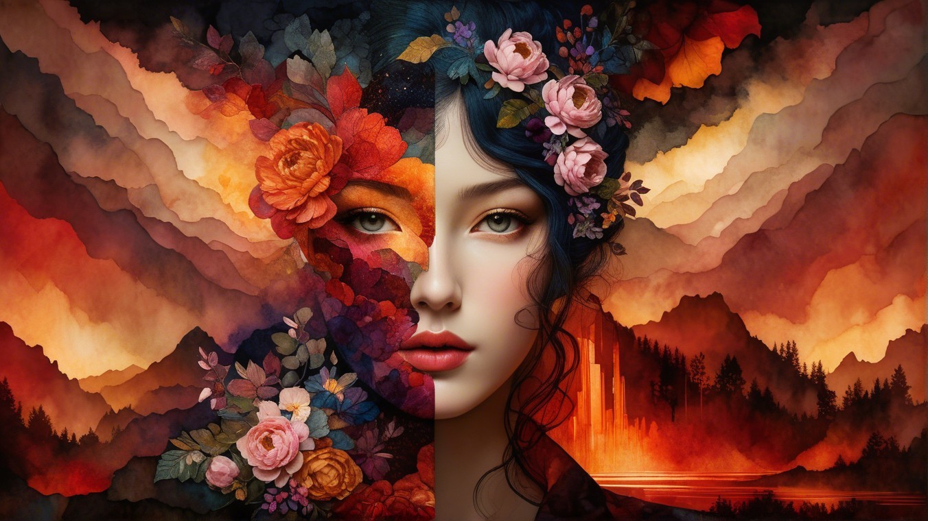 Portrait of a Woman with Floral Accents and Landscapes