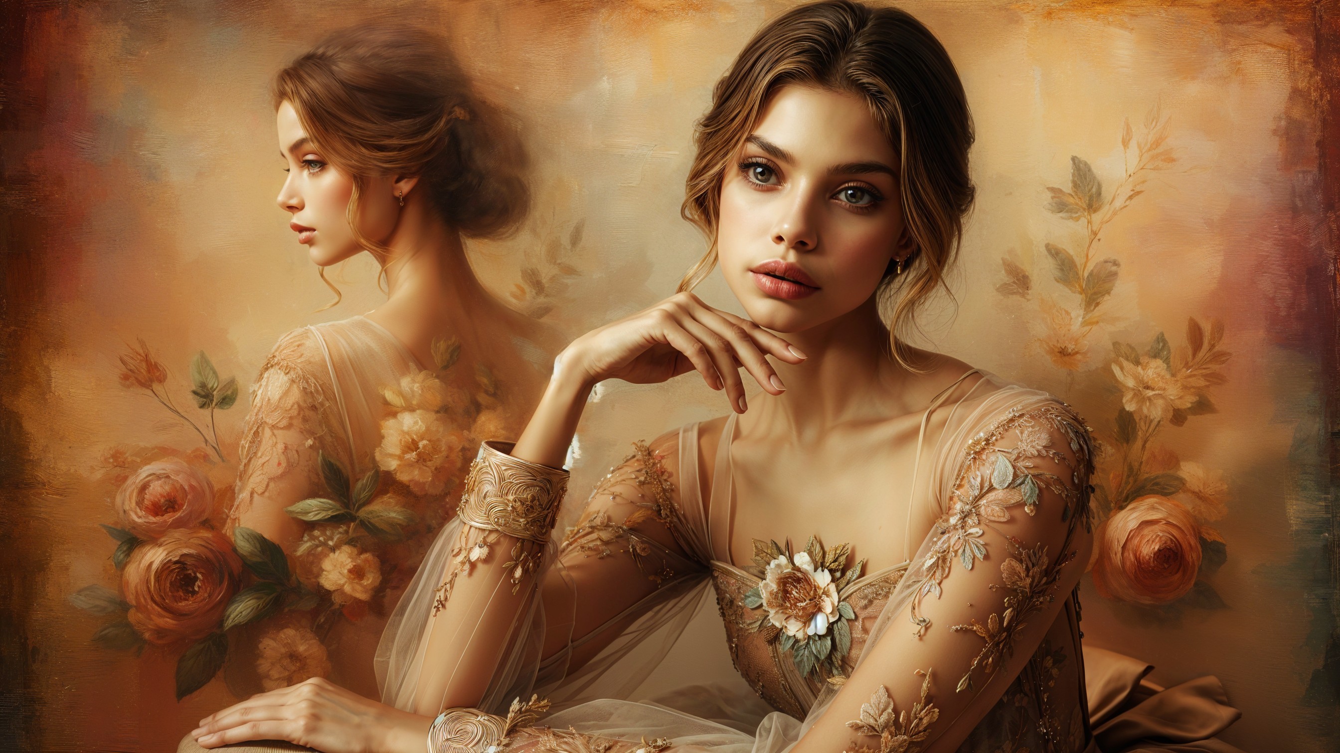 Elegant Young Woman in Floral Embroidered Gown
