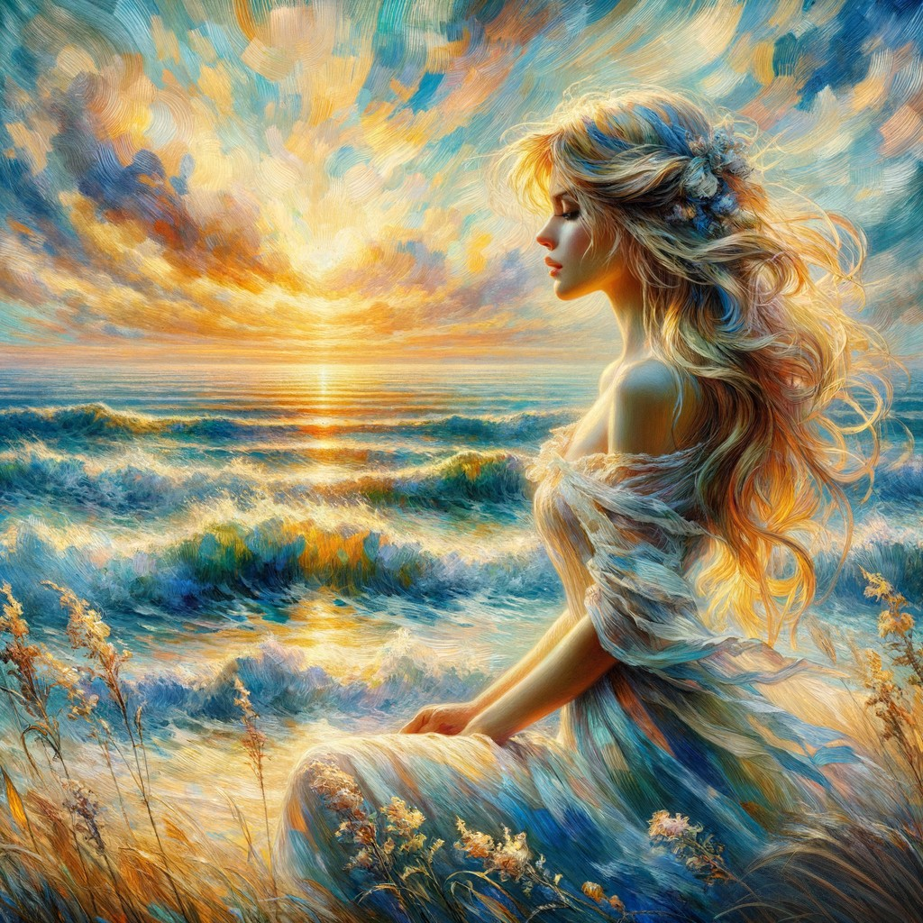 Thoughtful Woman by the Ocean at Vibrant Sunset