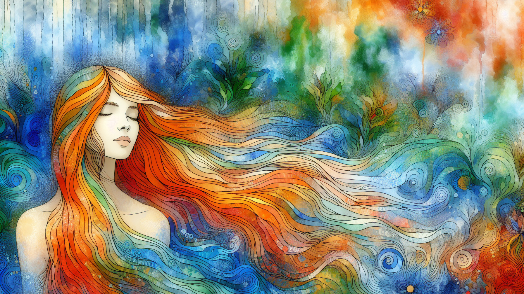 Serene Woman in Dreamlike Landscape with Multicolored Hair