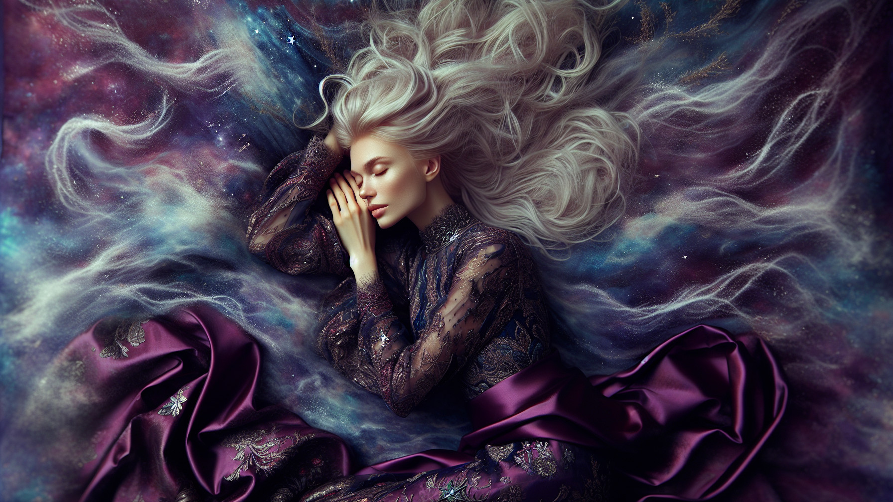 Serene figure in cosmic colors with ornate gown