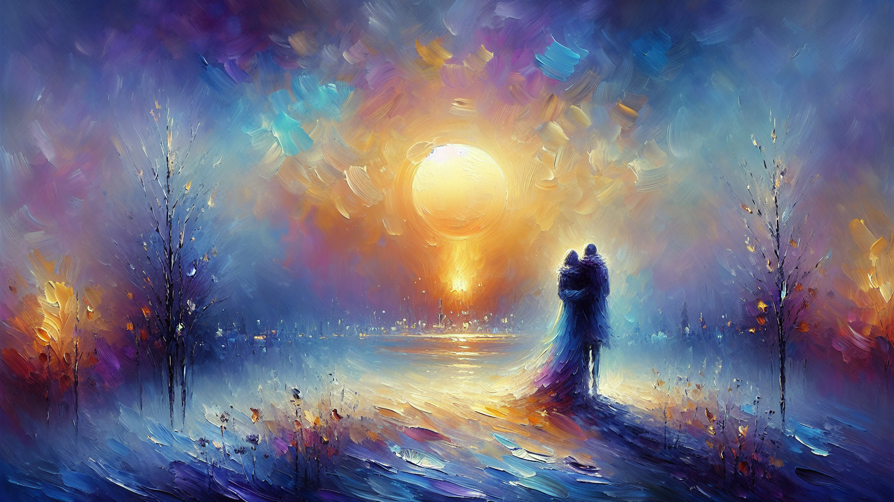 Impressionistic Scene of Couple Embracing at Sunset
