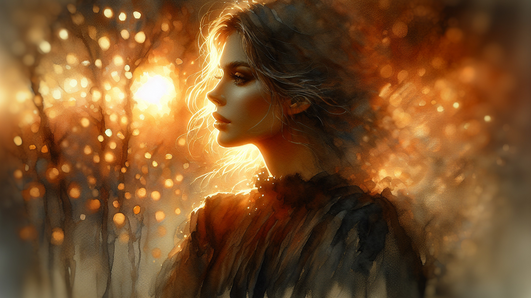 Profile of a Woman in Golden Light with Magical Orbs