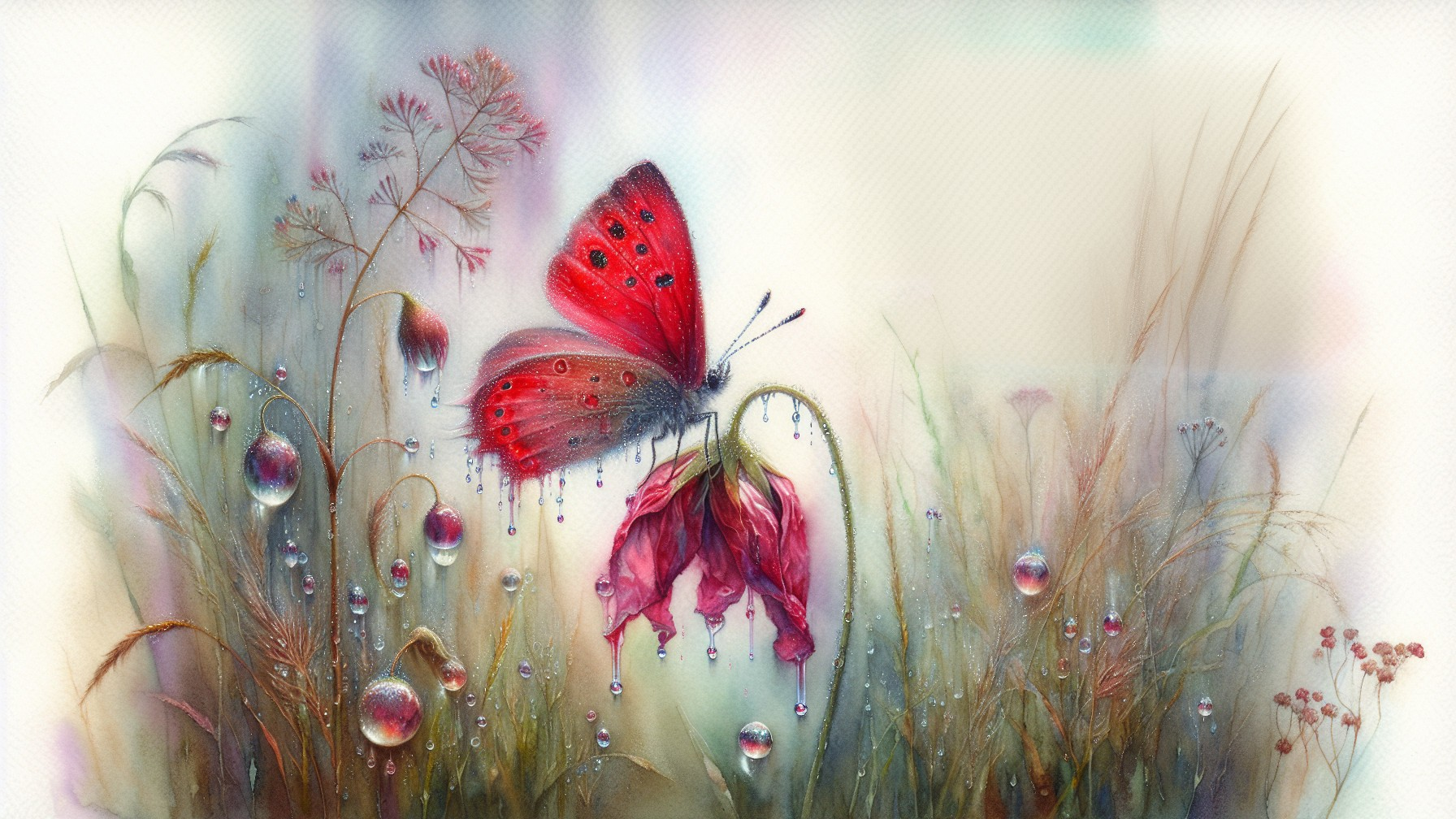 Red Butterfly on Wilting Flower in Lush Greenery