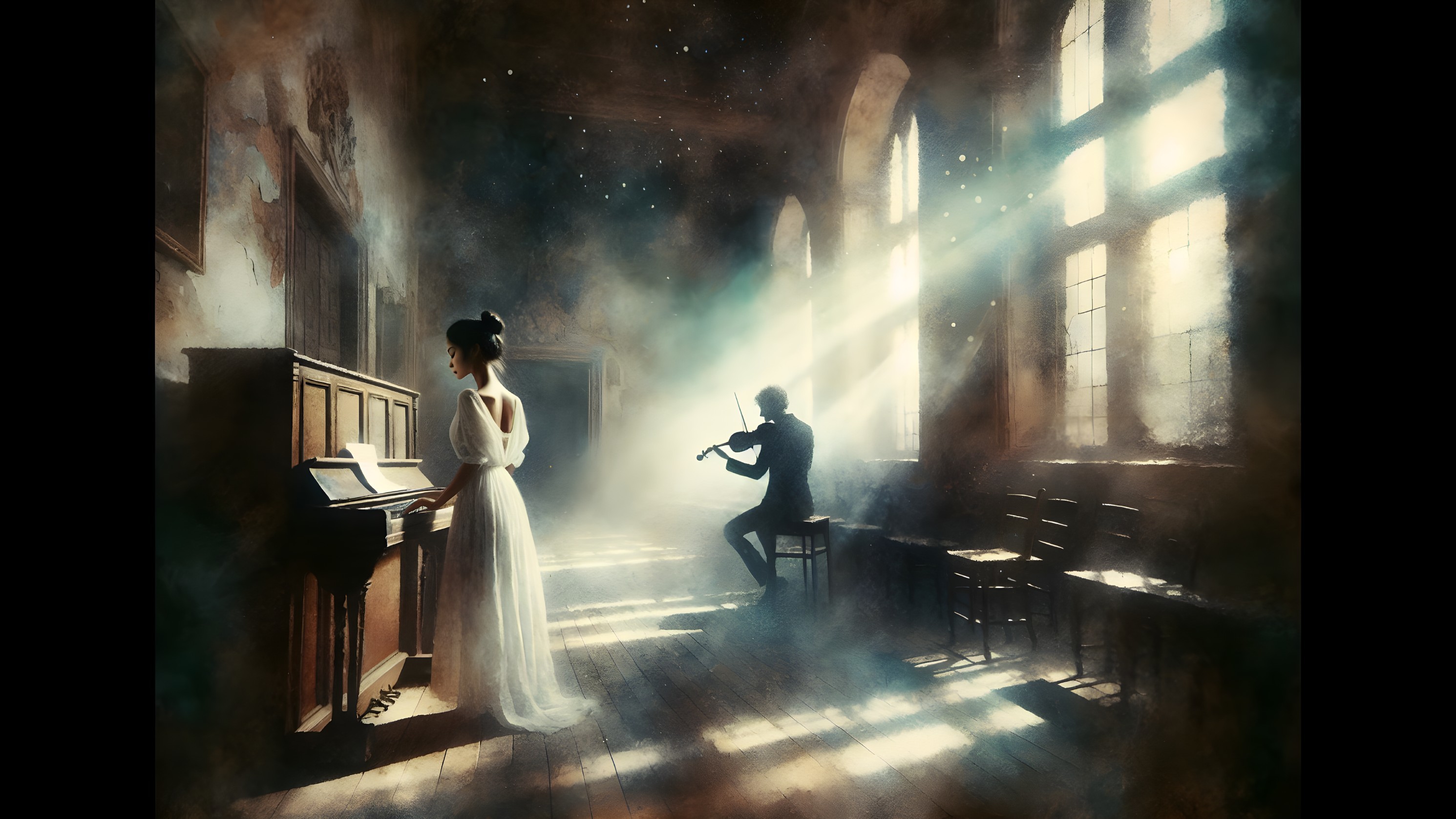 Atmospheric Scene with Woman, Piano, and Musician