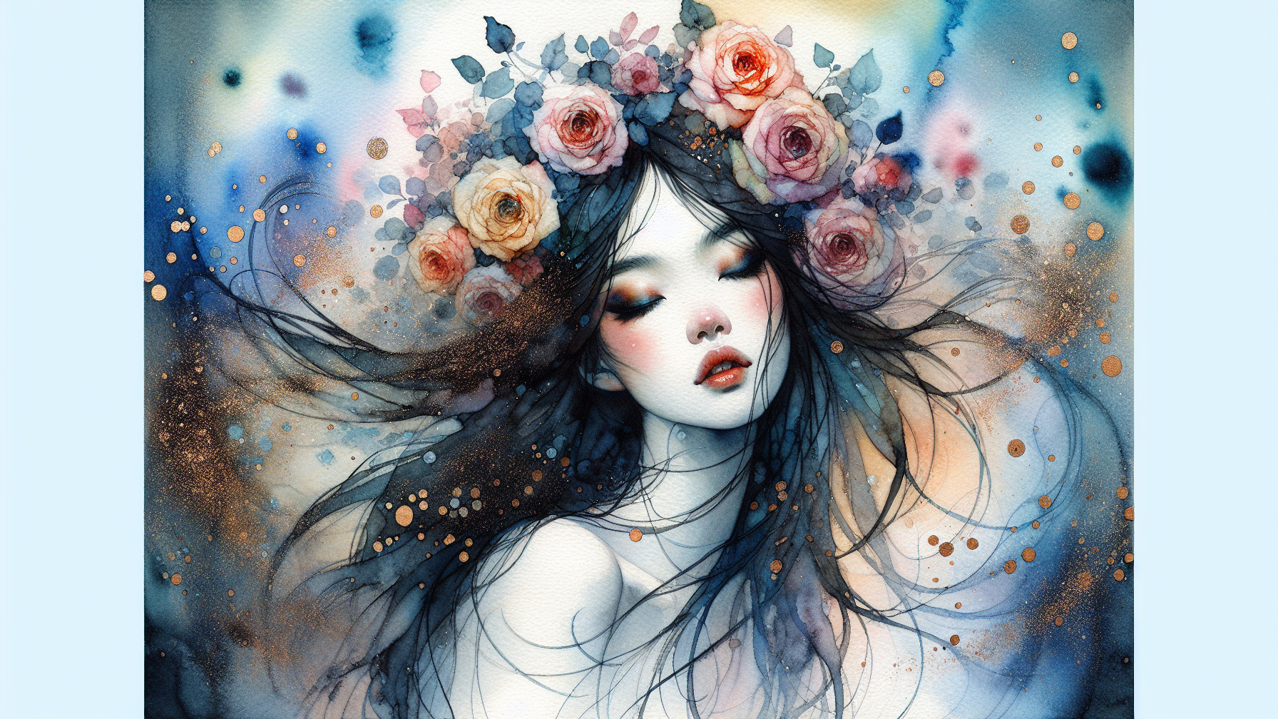 Watercolor Painting of Serene Woman with Floral Crown