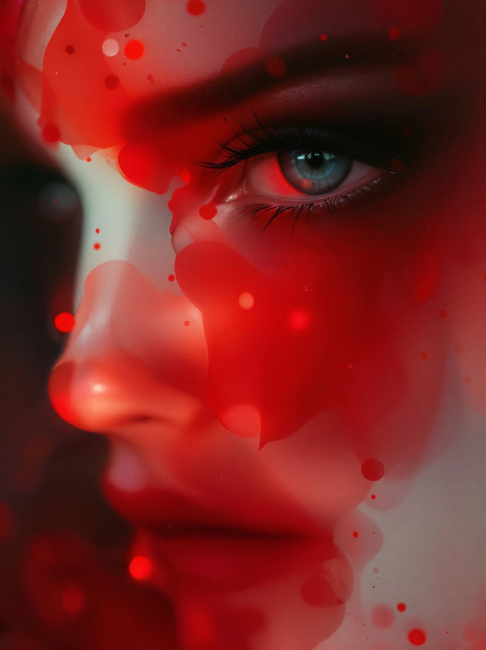 Close-up of a face with vivid blue eye and red art overlay