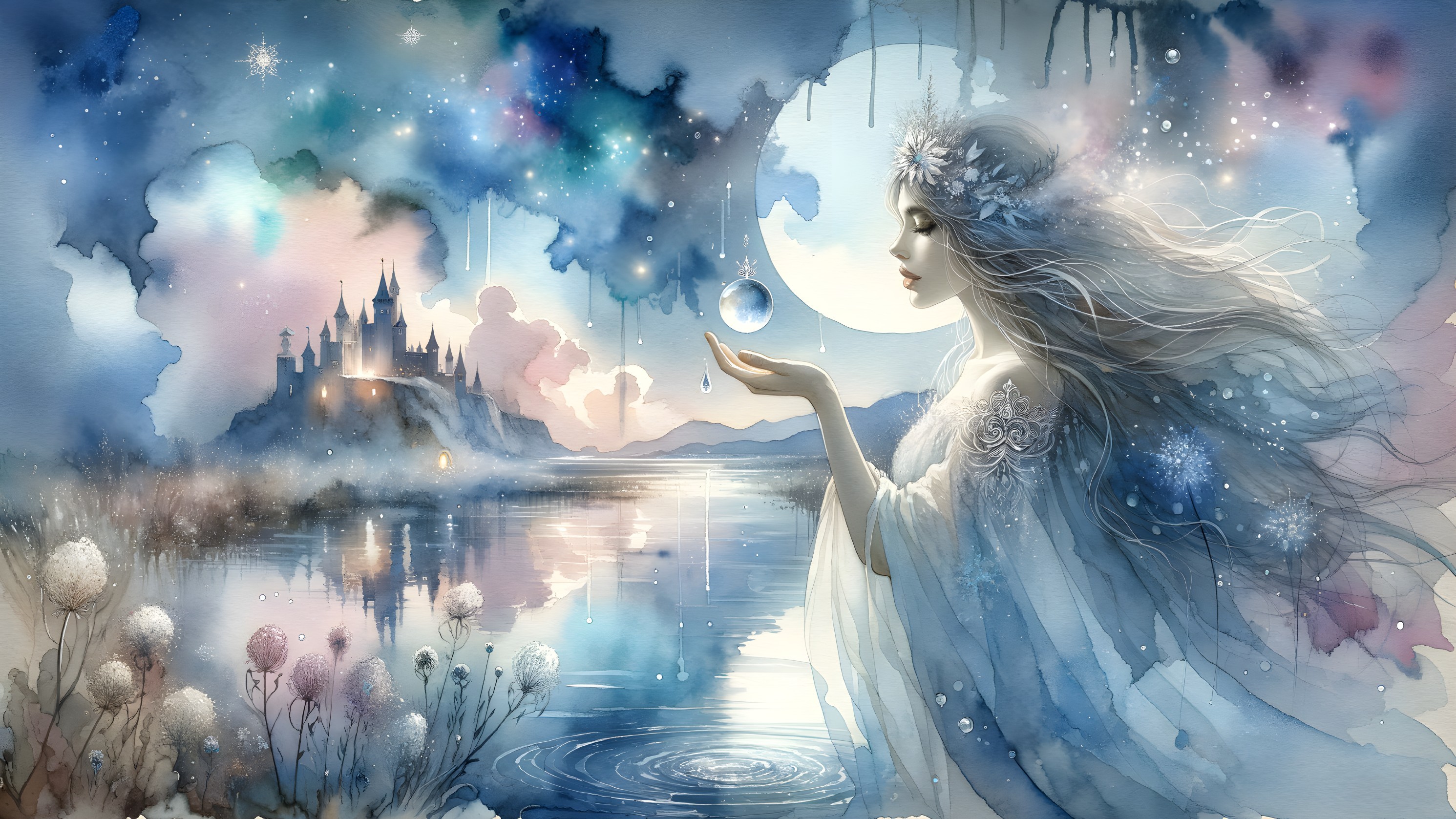 Serene figure by tranquil lake with glowing orb