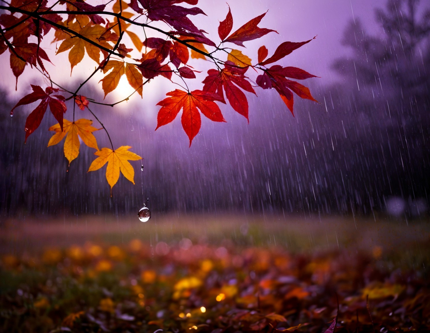 Vibrant Autumn Scene with Maple Leaves and Rain