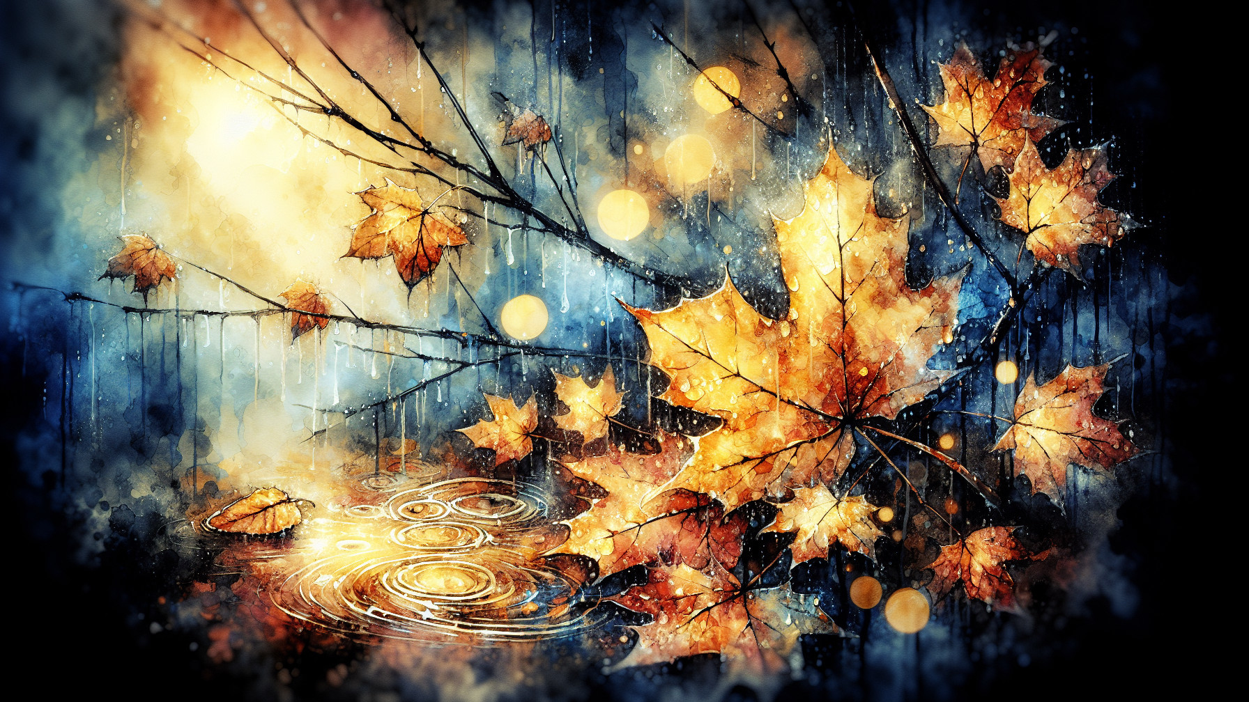 Autumn Scene with Maple Leaves on Serene Water