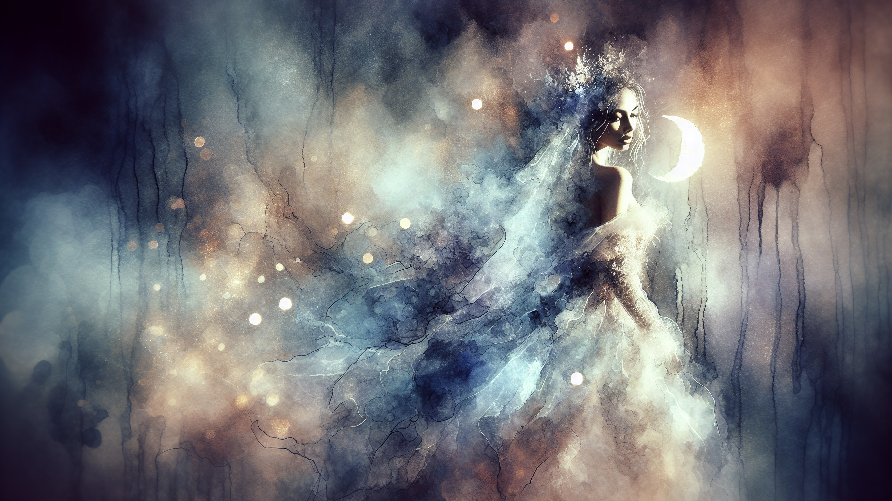 Mystical figure in ethereal fabric in dreamlike landscape