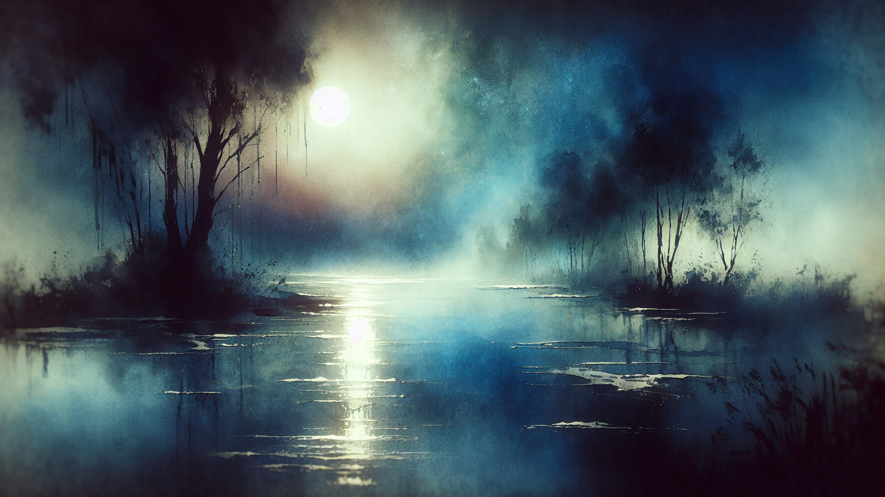 Misty Night Landscape with Moonlit Water Reflection
