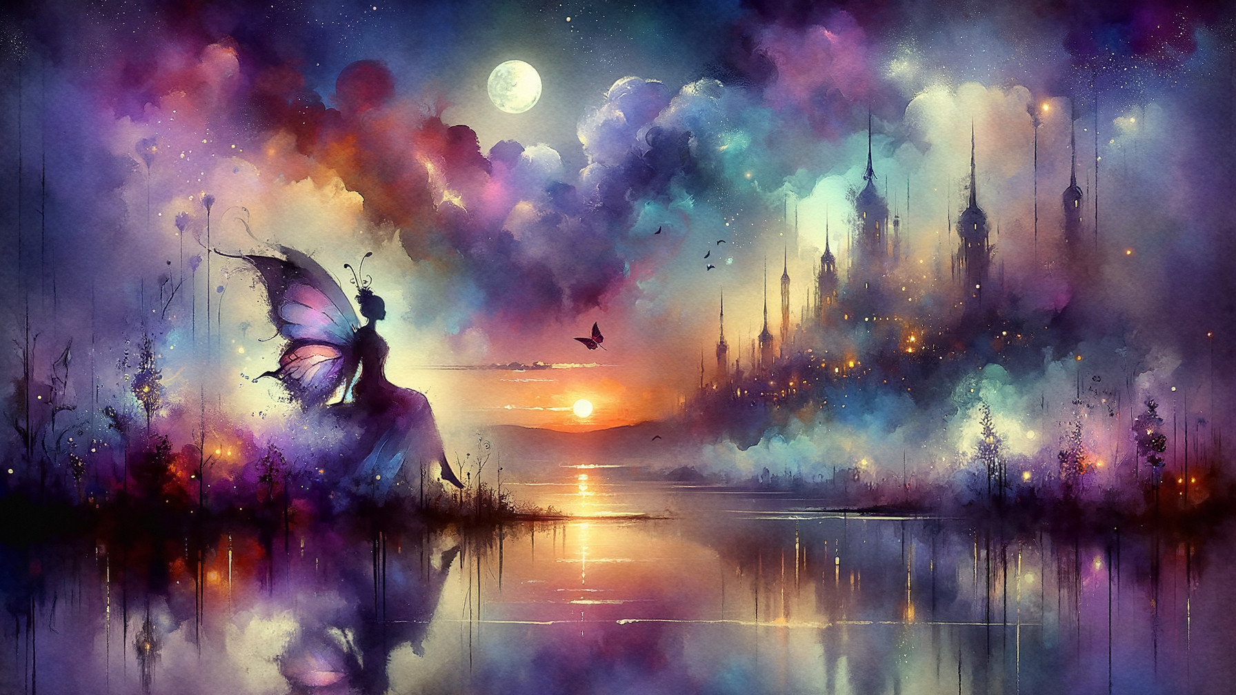 Mystical Sunset Scene by Tranquil Lake with Castle