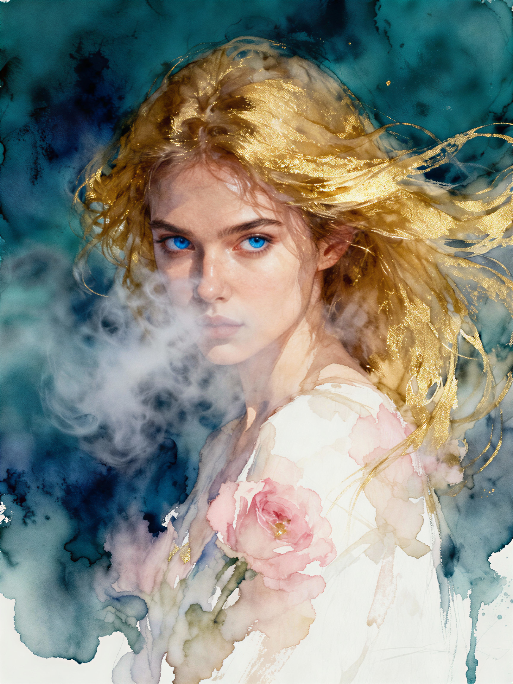 Watercolor Portrait of Young Woman with Flowers