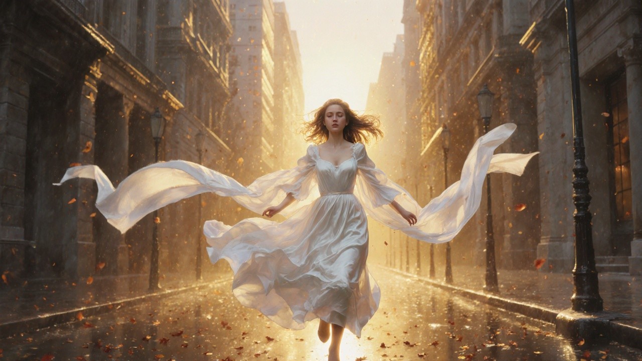 Woman in White Dress Dances on Sunlit Cobblestone Street