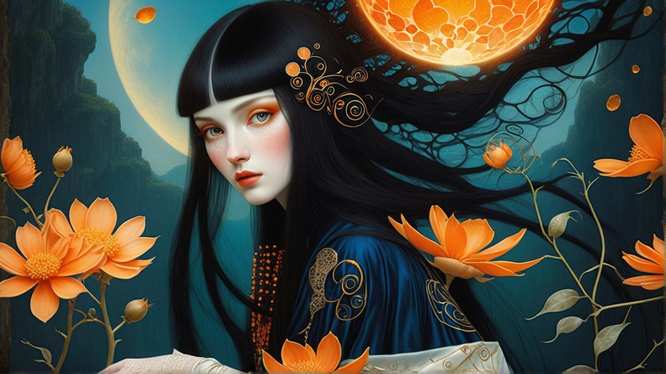Mystical Portrait of Woman with Flowers and Moon