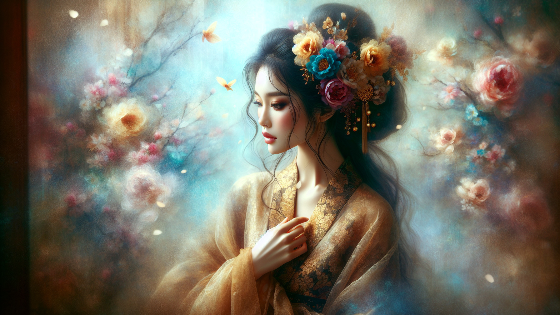 Serene Woman in Traditional Gown with Floral Backdrop