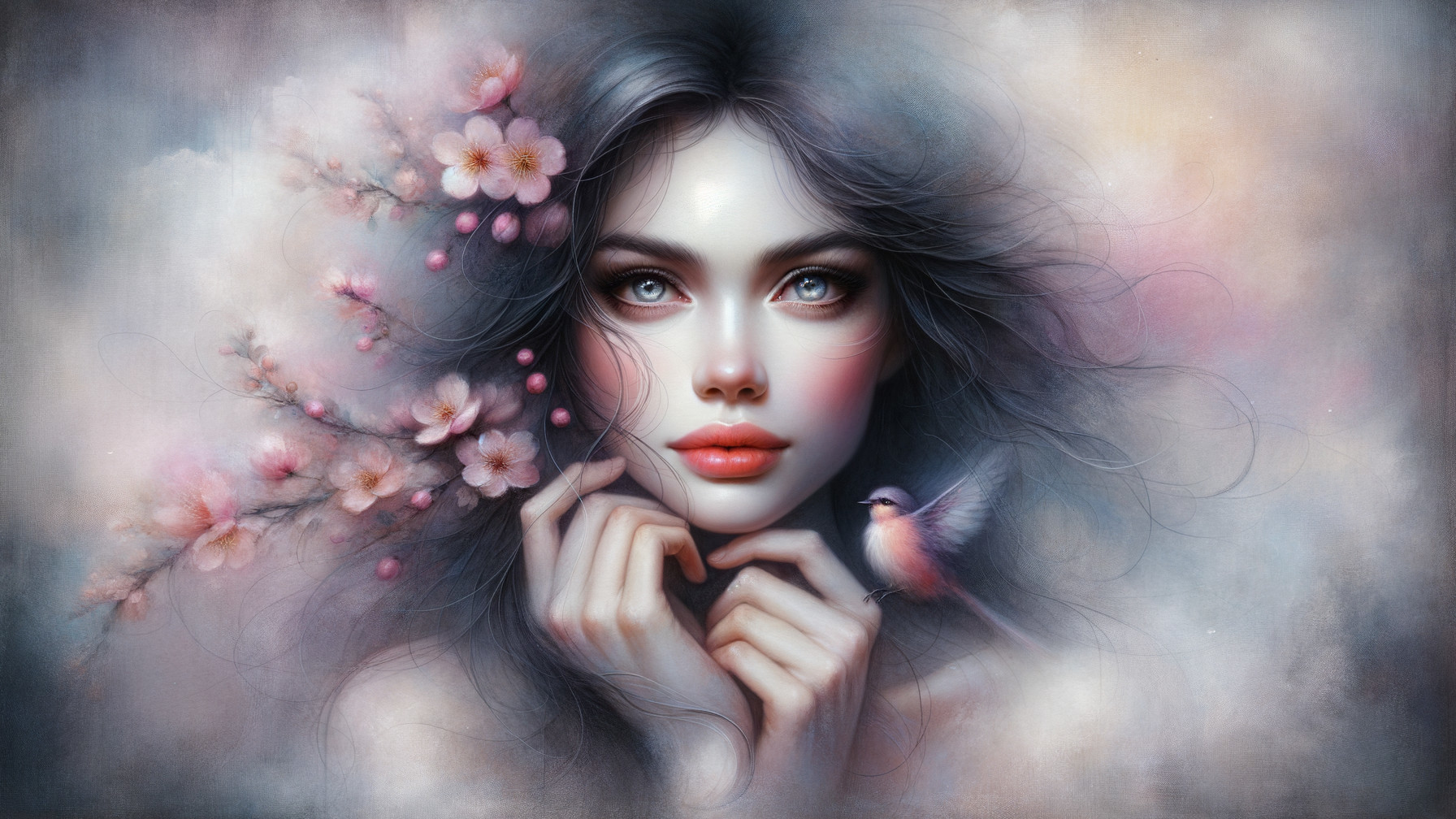 Dreamy Portrait of a Young Woman with Cherry Blossoms