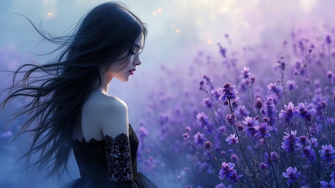 Young Woman in Black Dress Among Purple Flowers
