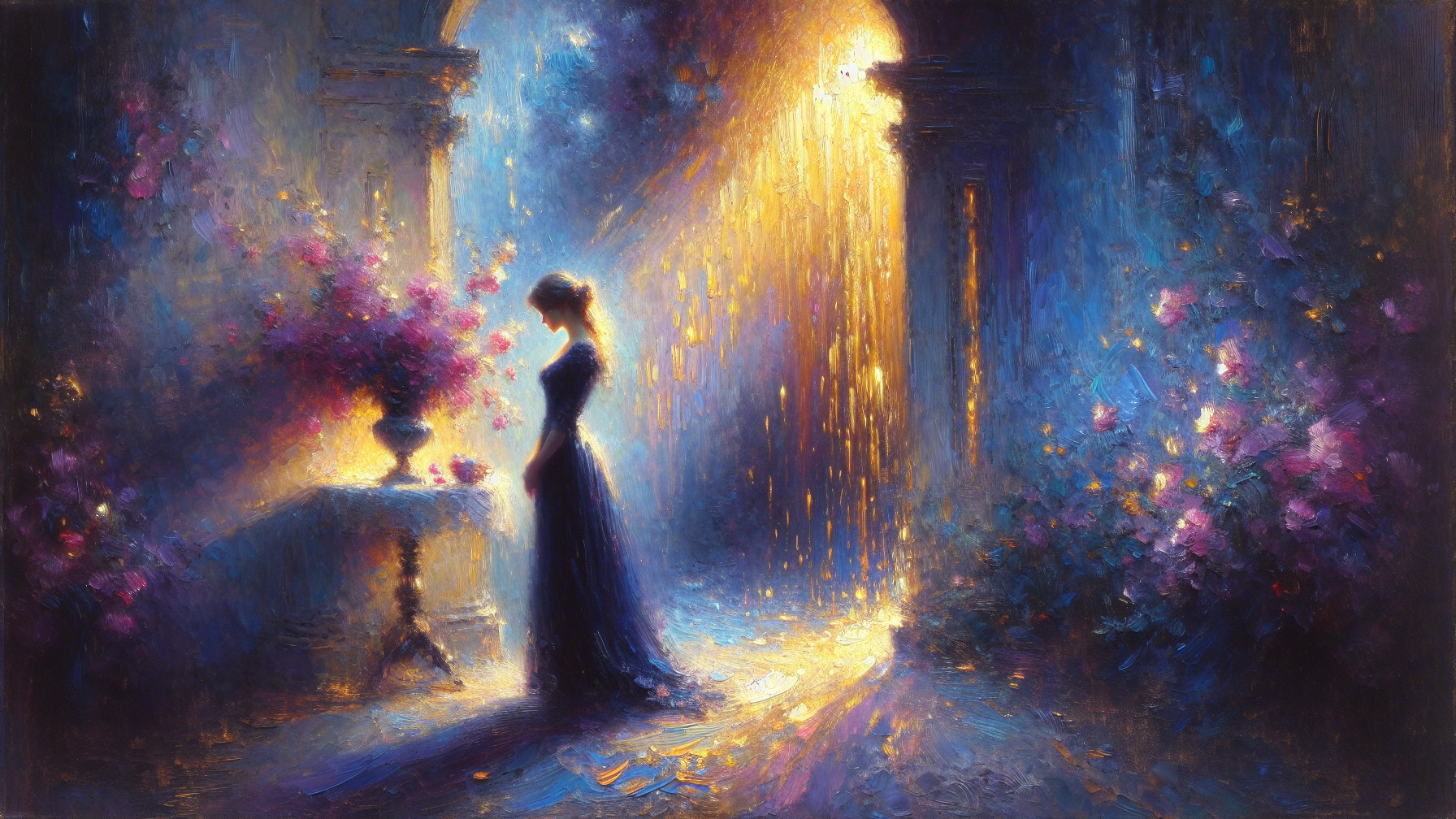 Dreamy Corridor with Silhouette and Flower Table