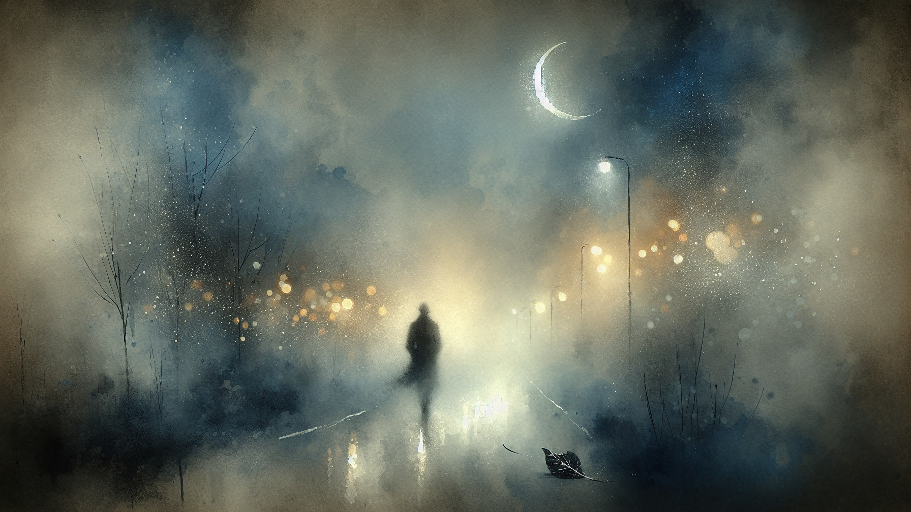 Lone Figure in Foggy Street Under Crescent Moon