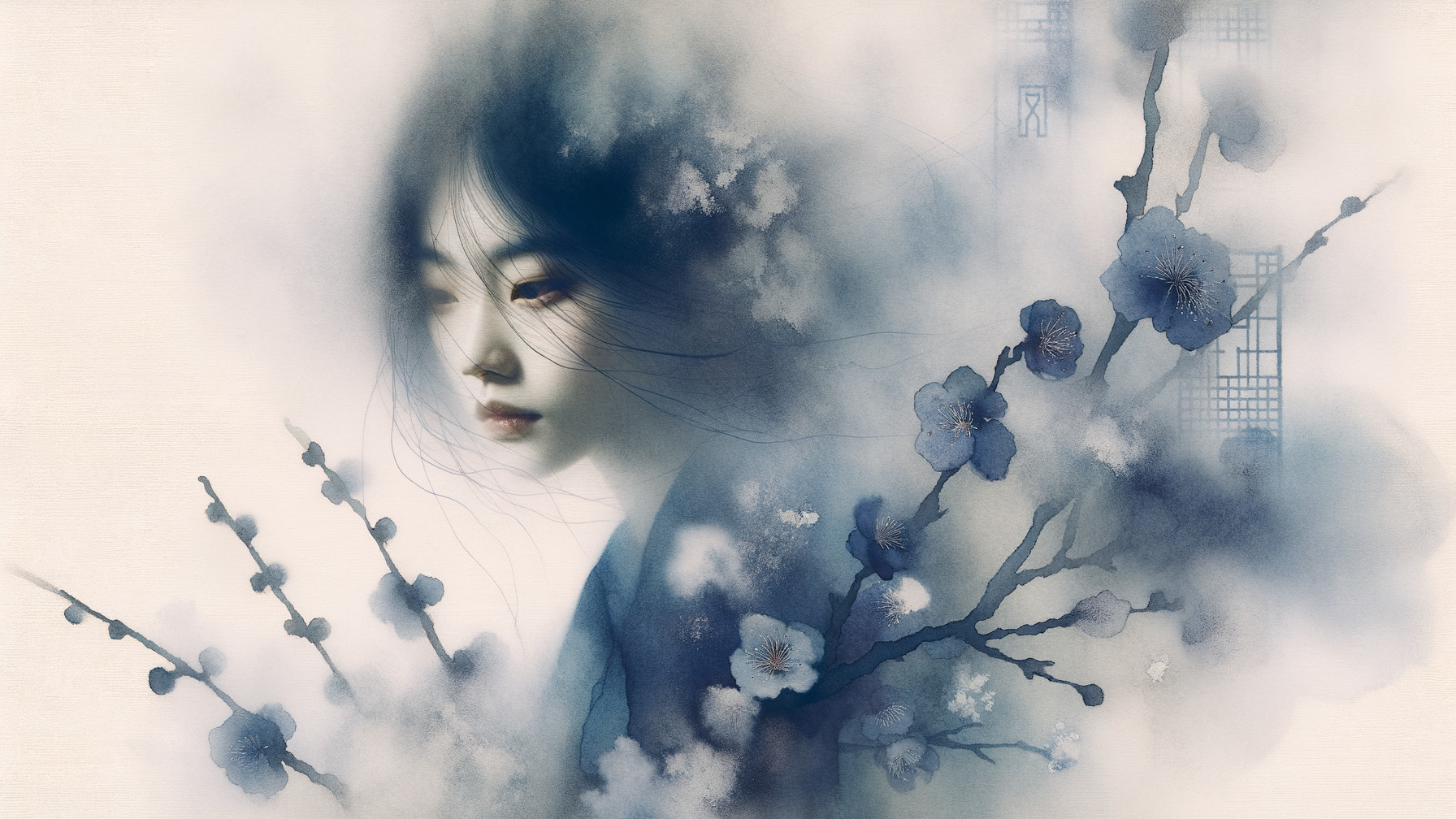 Ethereal Portrait of Woman with Cherry Blossoms