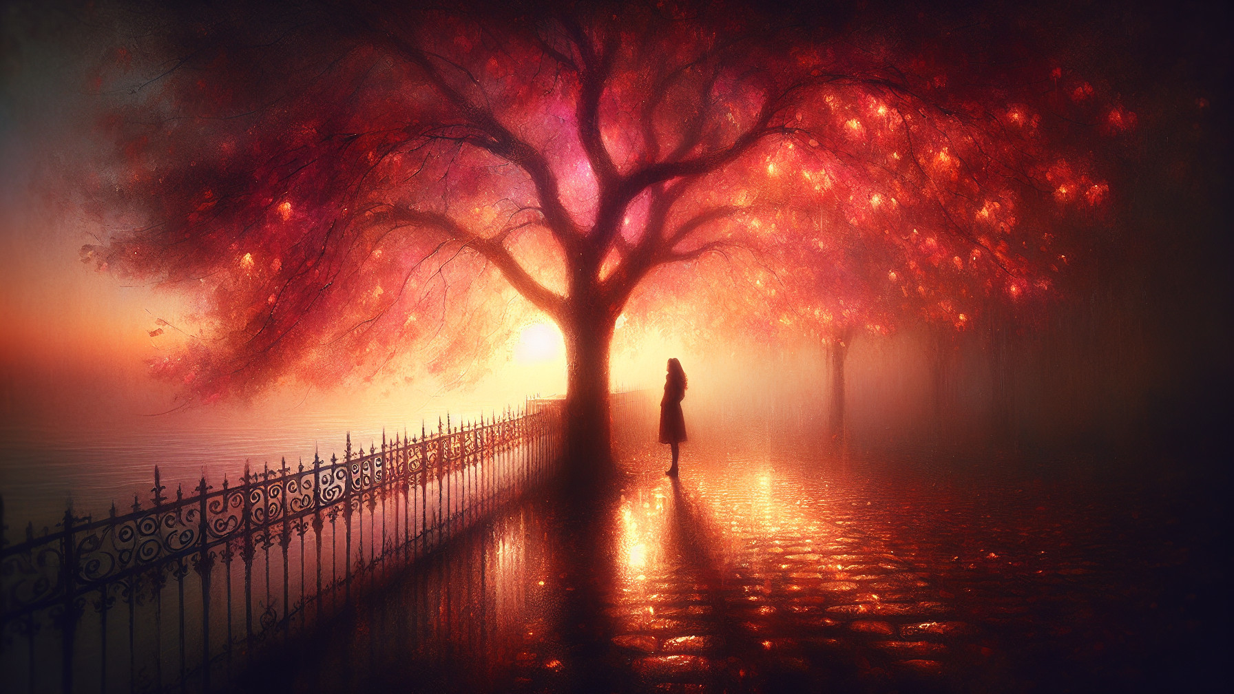 Silhouetted Figure by Wrought-Iron Fence and Autumn Tree