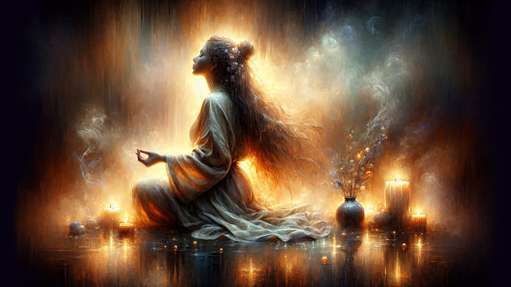 Meditative Figure in Ethereal Candlelit Setting