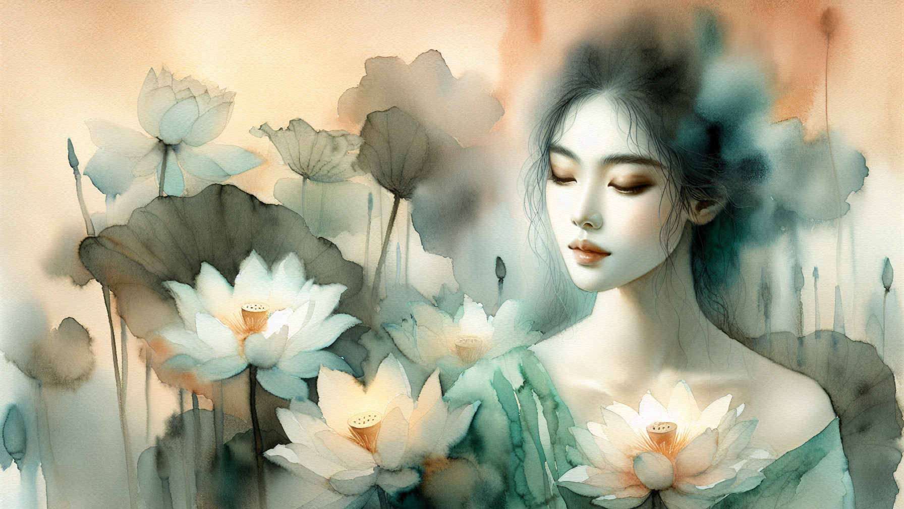 Serene Portrait of Woman with Lotus Flowers in Watercolor